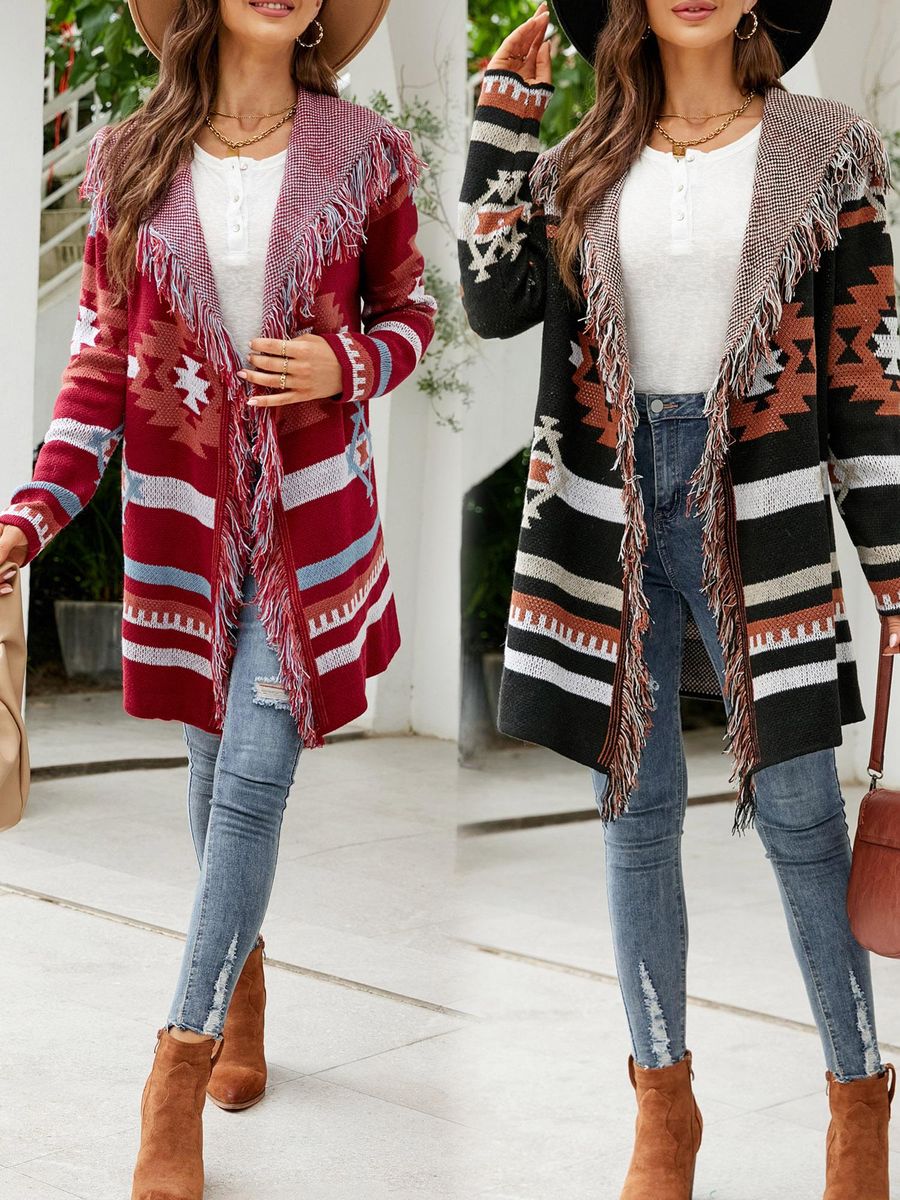 Women Knitted Cardigan Open Front Hooded Tassels Long Sleeve Casual Coats