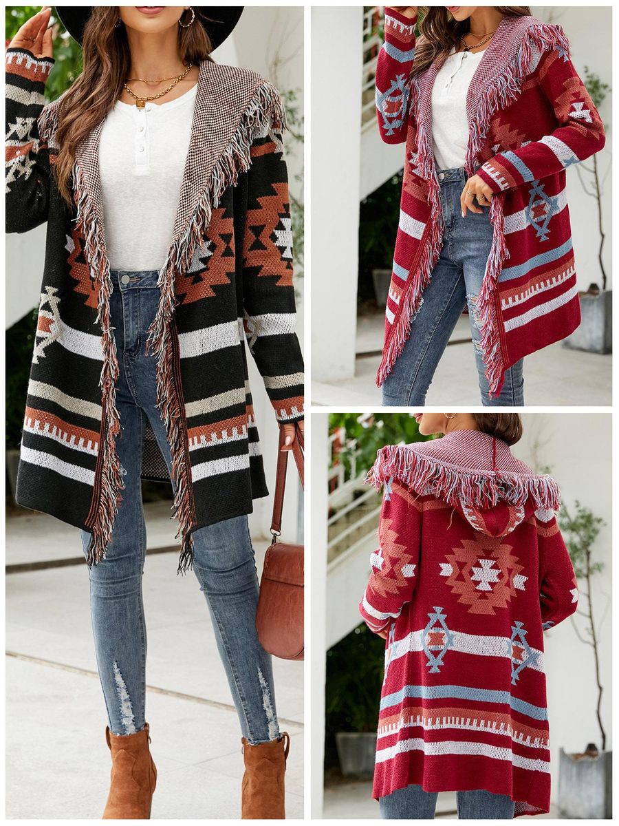 Women Knitted Cardigan Open Front Hooded Tassels Long Sleeve Casual Coats