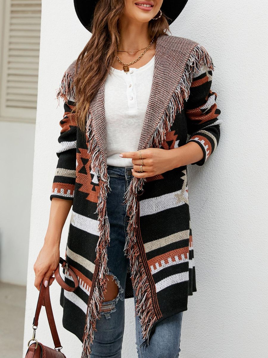 Women Knitted Cardigan Open Front Hooded Tassels Long Sleeve Casual Coats