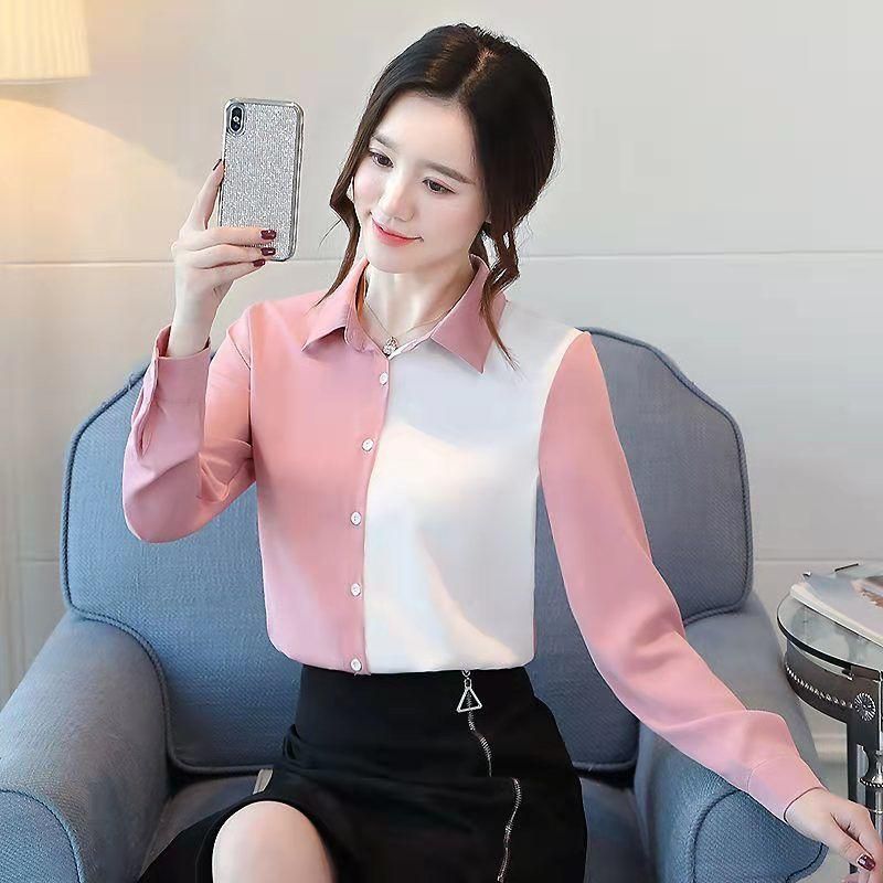 Shirt Women's Long-Sleeved Design Sense Niche Top Women's Contrast Color Loose Shirt High-End Chiffon Shirt Women's Top