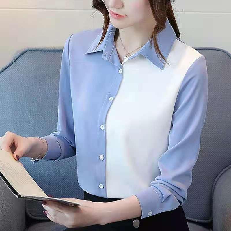 Shirt Women's Long-Sleeved Design Sense Niche Top Women's Contrast Color Loose Shirt High-End Chiffon Shirt Women's Top