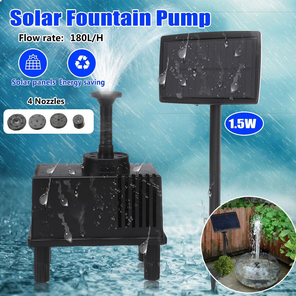 180L/H Flow Auto Solar Powered Fountain Submersible Water Pump Pond Garden Home