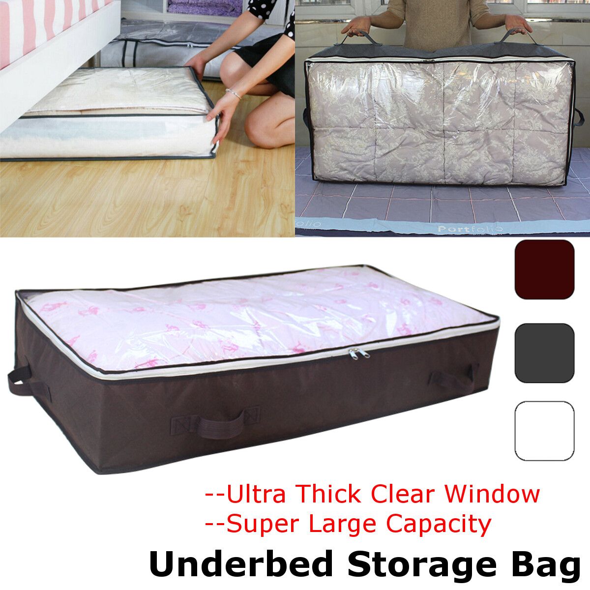 Foldable Non-Woven Fabric Under Bed Storage Bag Containers Clothes Box Zipper Closure Underbed Organizer Home Saving White