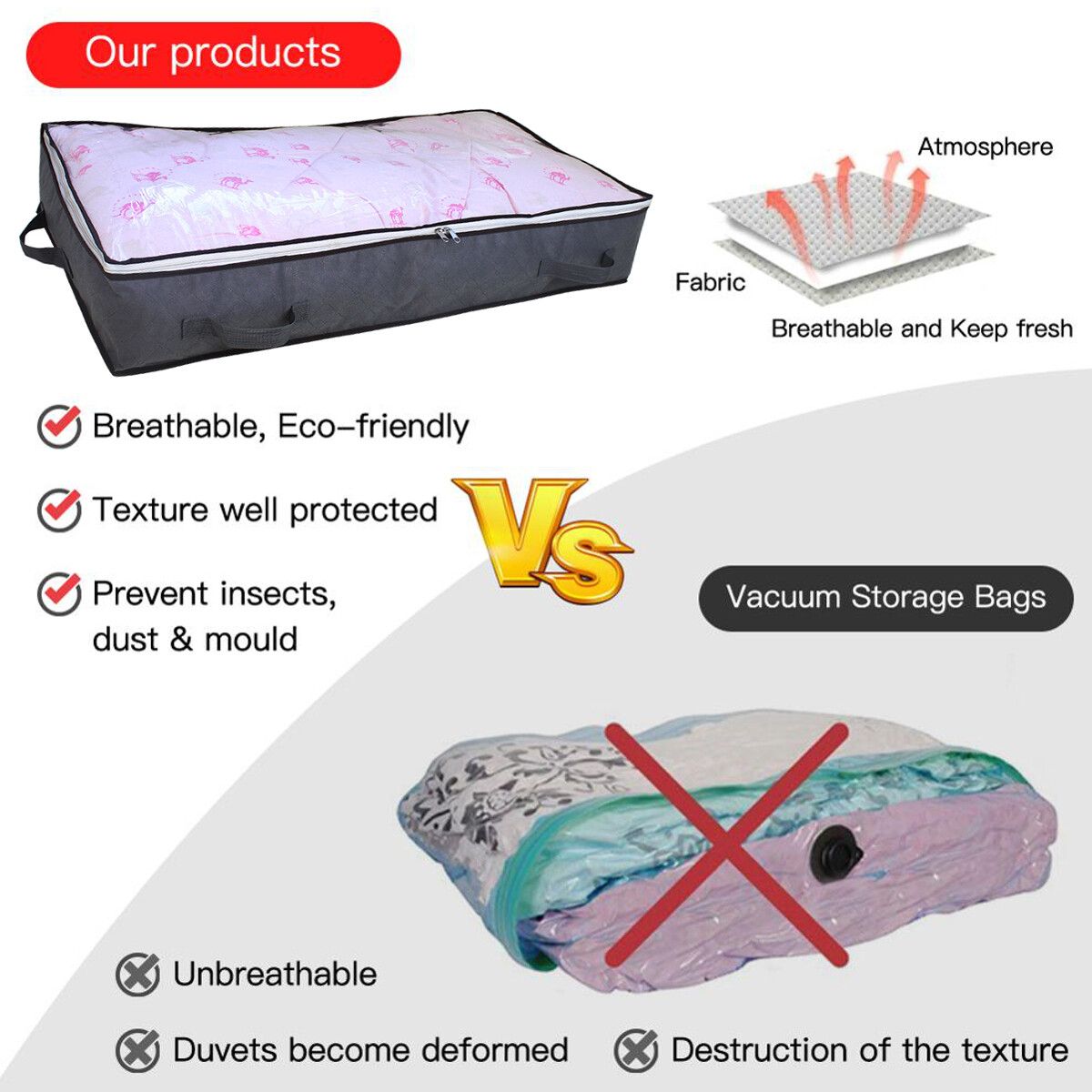 Foldable Non-Woven Fabric Under Bed Storage Bag Containers Clothes Box Zipper Closure Underbed Organizer Home Saving White