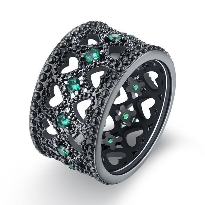 LKN18KRGPR1021 Women Heart Shape Hollow Out Ring Wedding Bands For Anniversary-bla K & Green-LKN18KRGPR1021-A-7 7