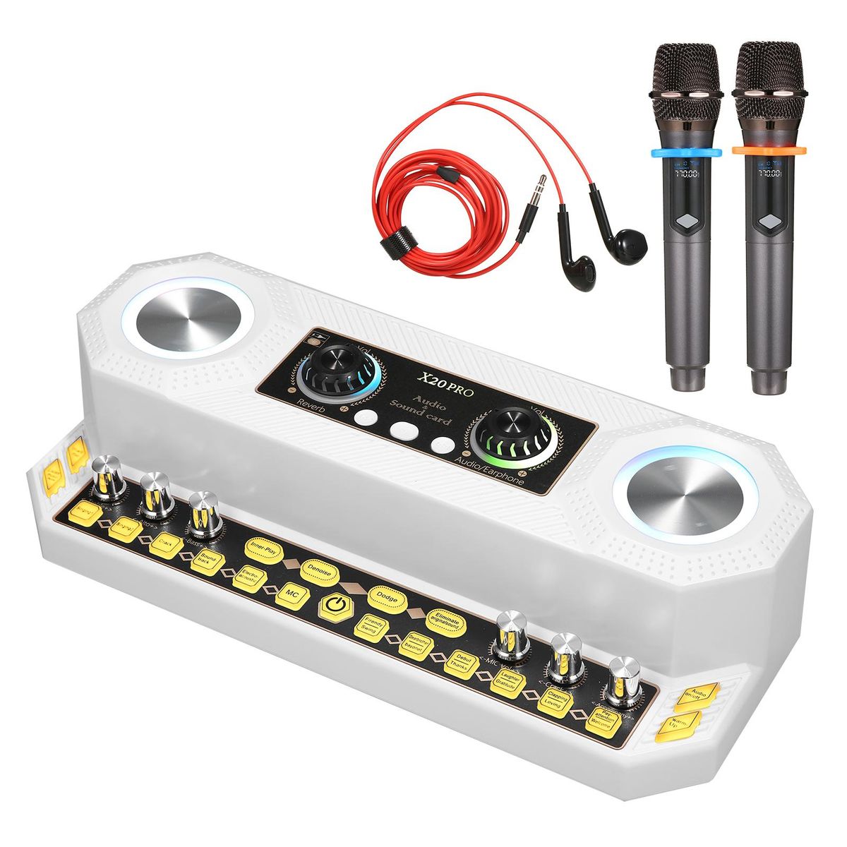 Sound Card & Audio Equipment & Wireless Microphone Set Multifunctional Rechargeable BT Sound Card Electric Sound Broadcast Equipment with Colorful Light Effect for Singing/Live Broadcasting/ Recording Voice and Music Compatib