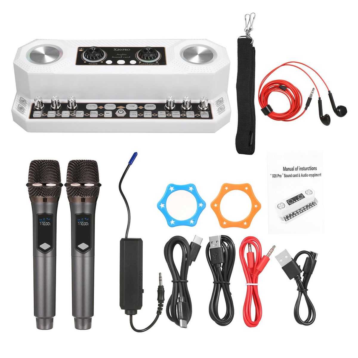 Sound Card & Audio Equipment & Wireless Microphone Set Multifunctional Rechargeable BT Sound Card Electric Sound Broadcast Equipment with Colorful Light Effect for Singing/Live Broadcasting/ Recording Voice and Music Compatib