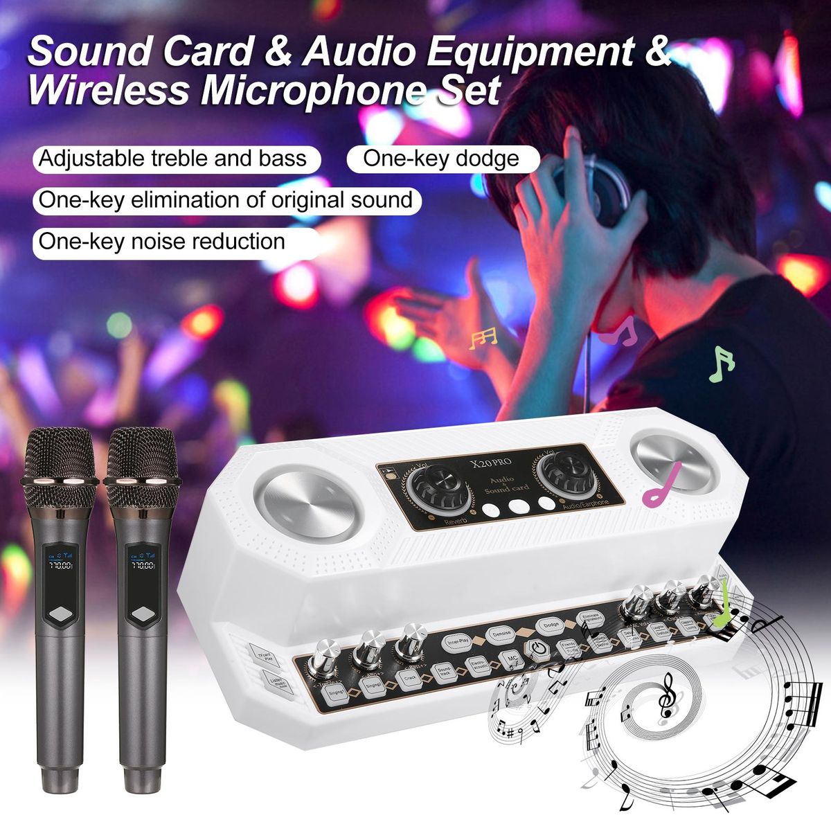 Sound Card & Audio Equipment & Wireless Microphone Set Multifunctional Rechargeable BT Sound Card Electric Sound Broadcast Equipment with Colorful Light Effect for Singing/Live Broadcasting/ Recording Voice and Music Compatib