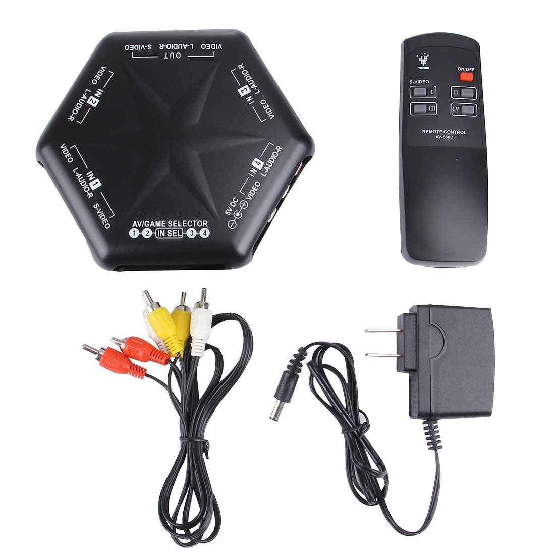 AV-666D Multi Box RCA AV Audio-Video Signal Switcher + 3 RCA Cable With Remote Control, 4 Group Input And 1 Group Output System(Black)