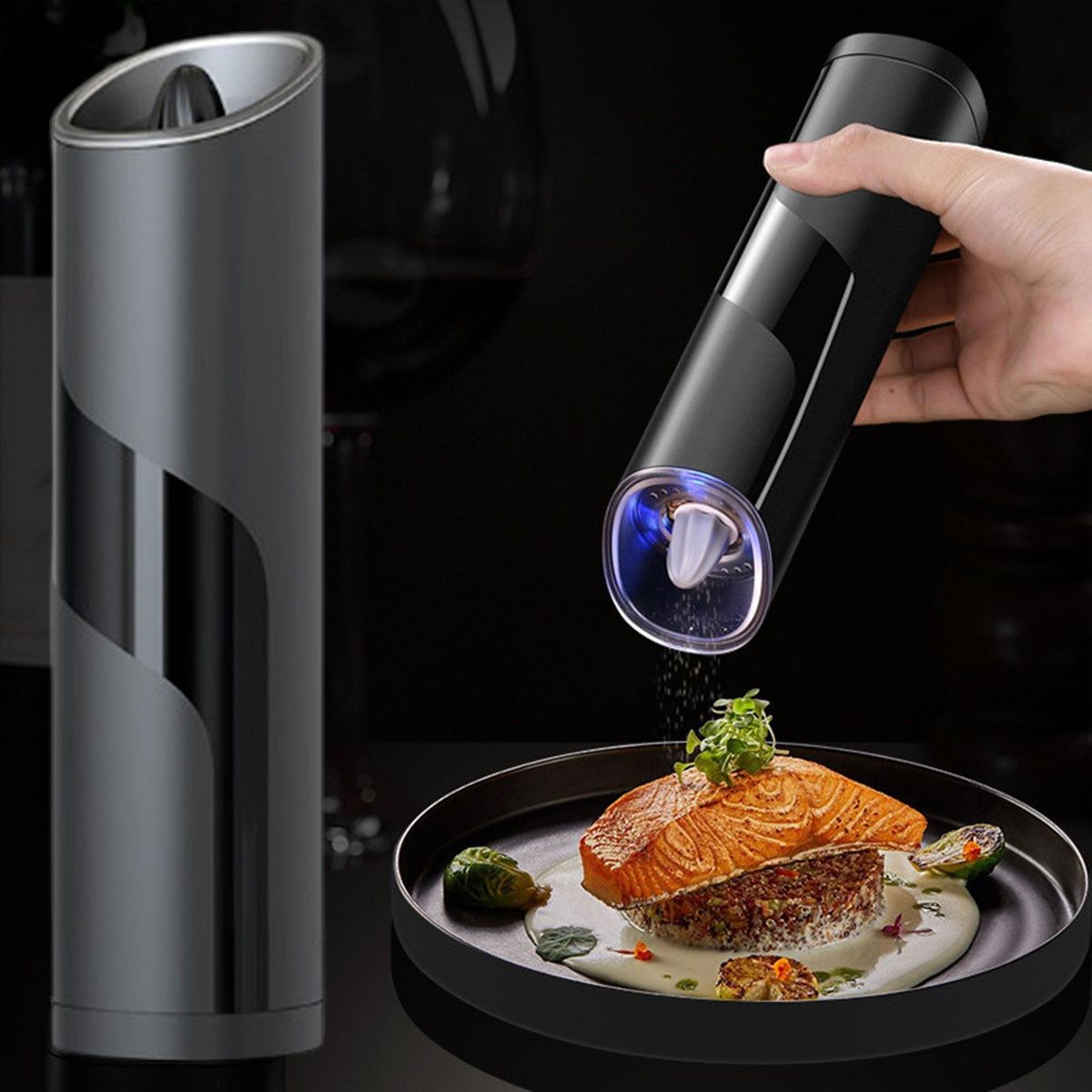 Pepper Grinder with Led Light Ergonomic Pepper Grinder Black