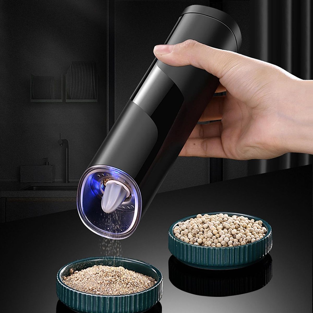 Pepper Grinder with Led Light Ergonomic Pepper Grinder Black