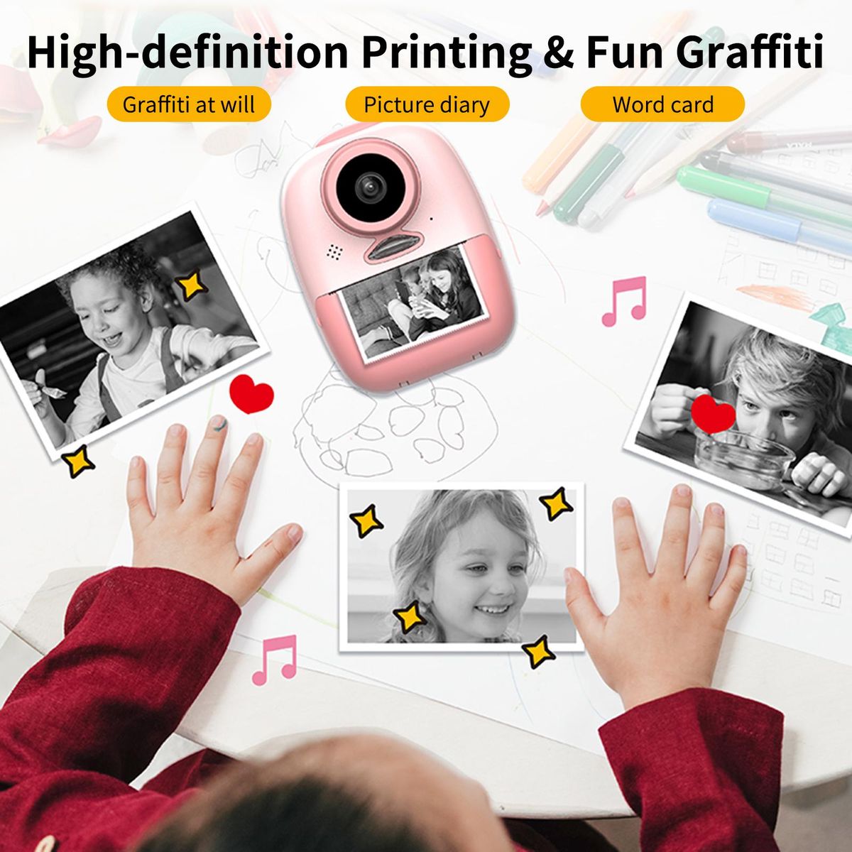 D10 Instant Camera Photo Printer 1080P HD Mini Digital Camera for Kids with LED Fill-in Light Print Paper Cartoon Sticker Color Pencils 16G TF Card Support 10 Times Magnification for Boys Girls