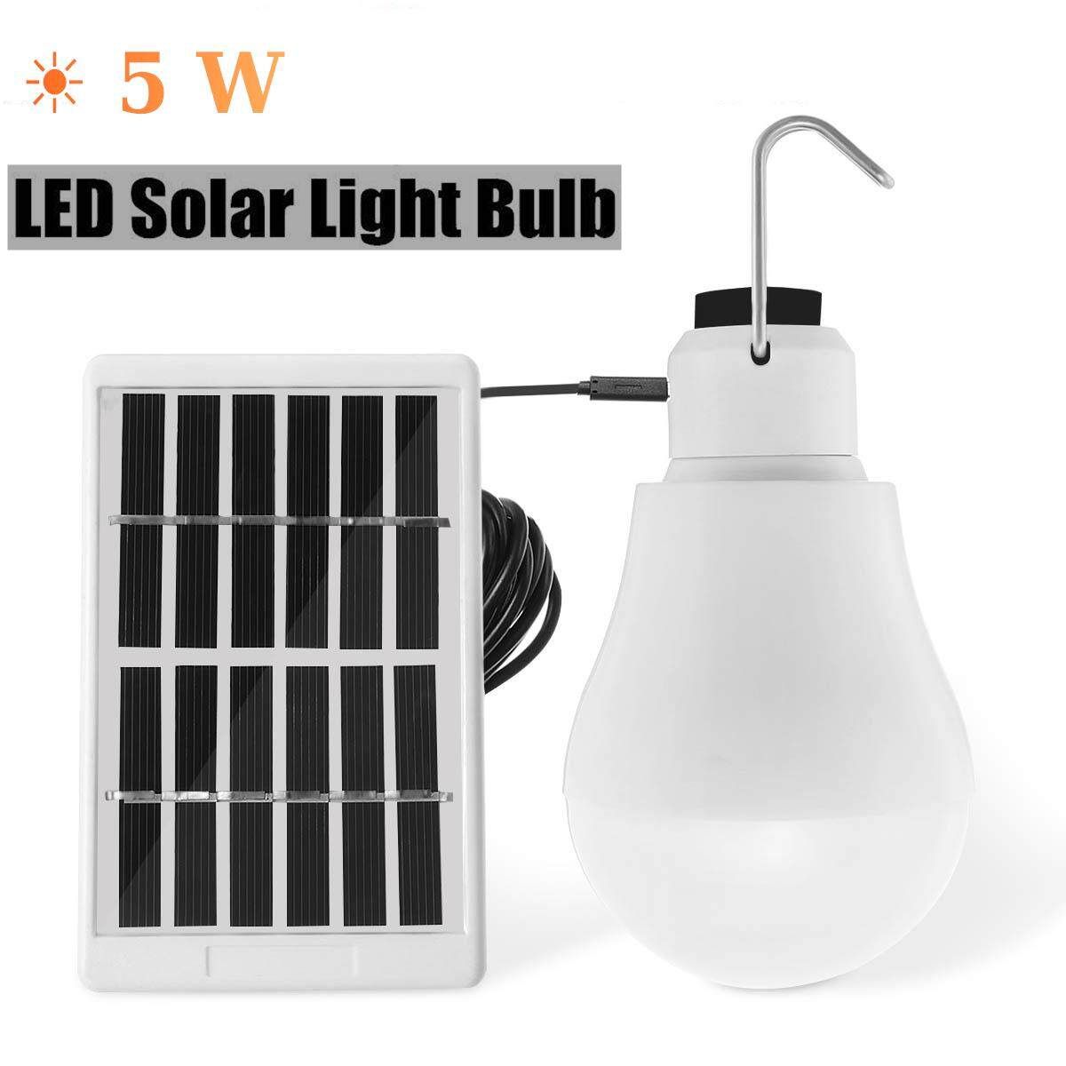 5W Solar Panel LED Light USB Powered Bulb Indoor Outdoor Camping Emergency Lamp