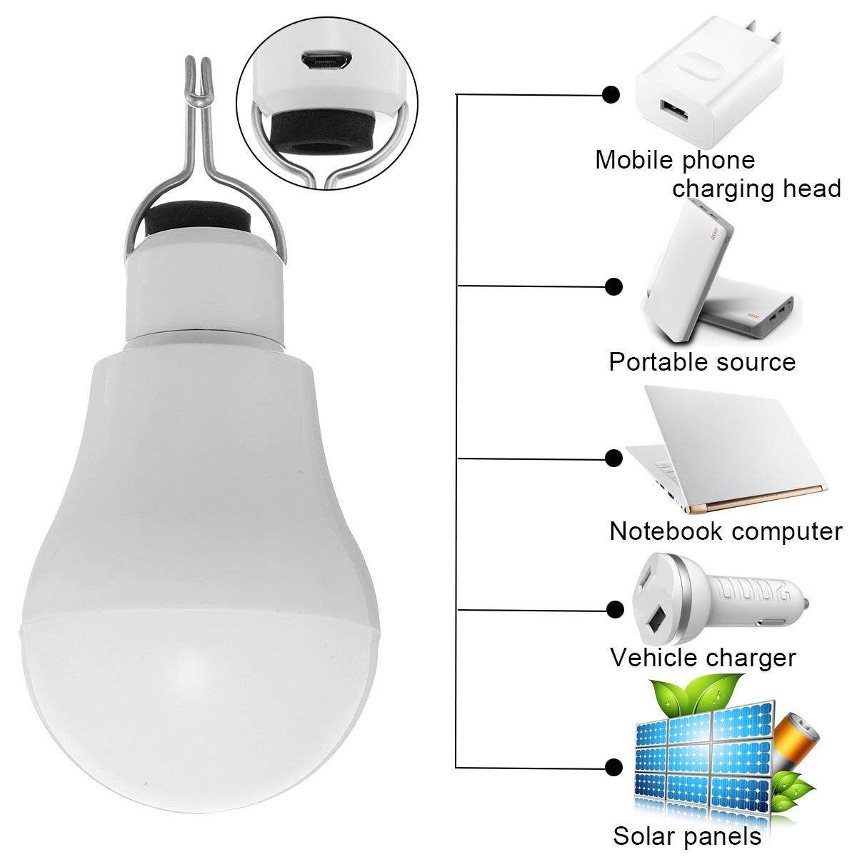 5W Solar Panel LED Light USB Powered Bulb Indoor Outdoor Camping Emergency Lamp