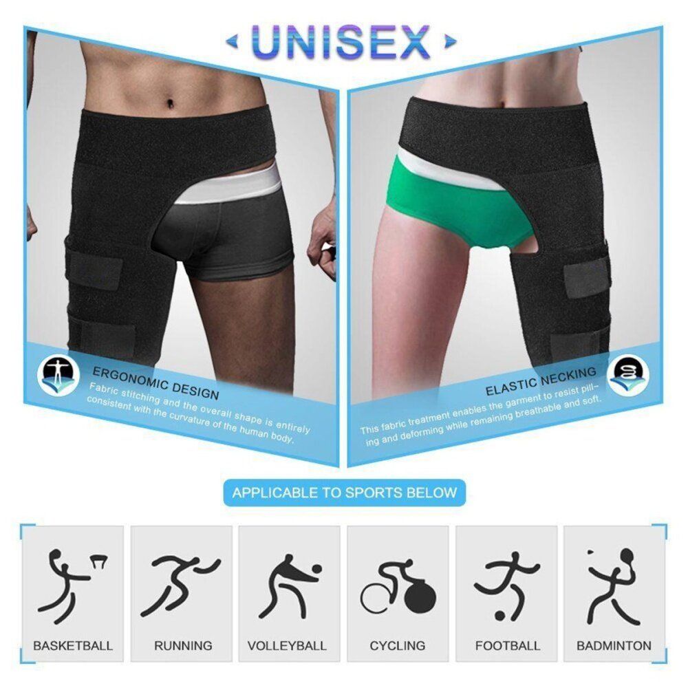 Thigh Compression Brace Wrap Black Sprains Therapy Groin Leg Pain Hip