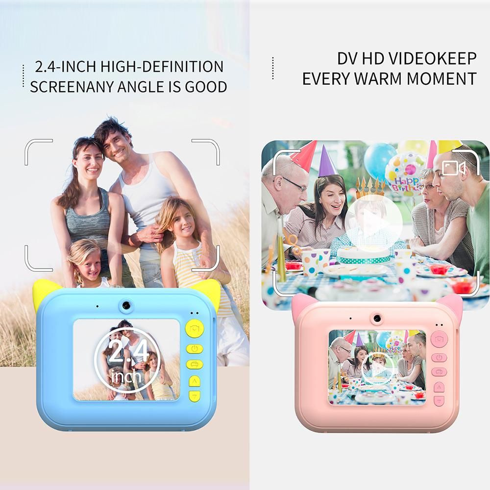 Cute Kids Instant Print Camera 1080P Digital Video Camera Dual Camera Lens 12MP 2.4 Inch LCD Screen Built-in Battery Birthday Festival Christmas Gift for Boys Girls