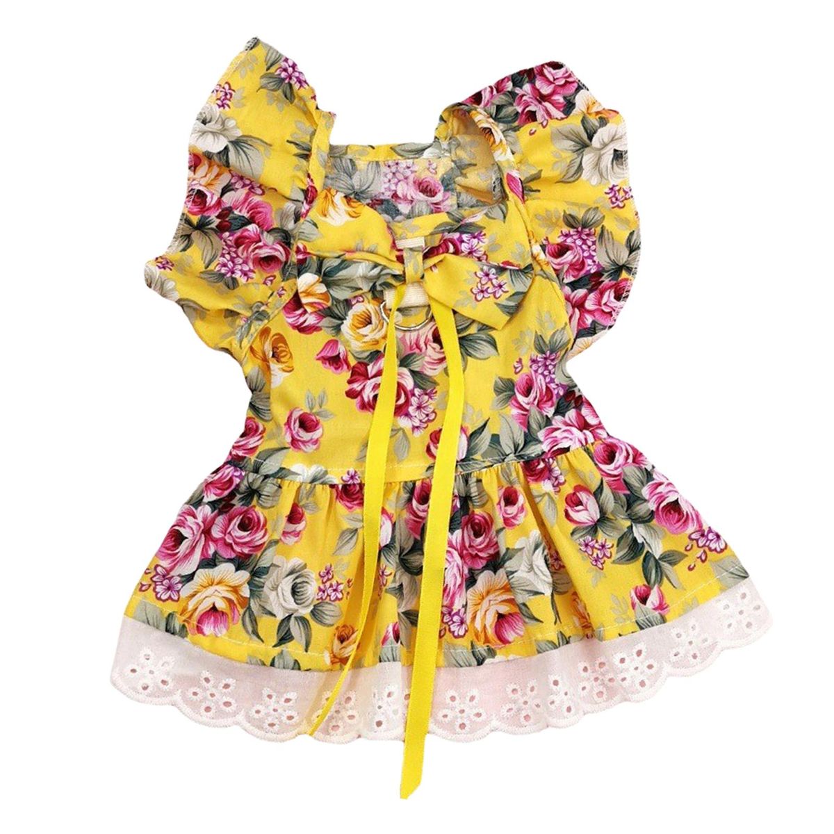 1 Set Pet Skirt Flowers Print Pet Dog Princess Skirt Puppy Bowknot Neck Strap Yellow