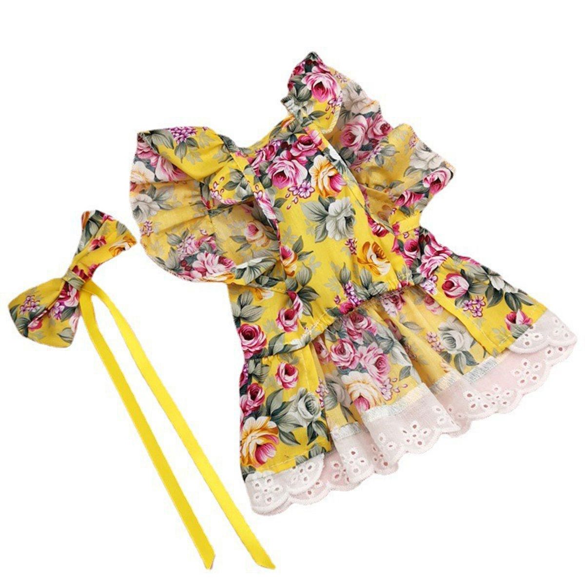 1 Set Pet Skirt Flowers Print Pet Dog Princess Skirt Puppy Bowknot Neck Strap Yellow