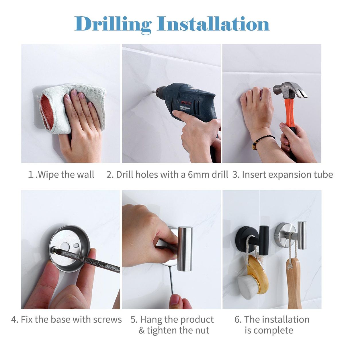 6PCS Bathroom Hardware Set Towel Bar Towel Ring Toilet Paper Holder 3 Hooks Stainless Steel Wall Mounted Drilling Towel Holder Toilet Paper Rack Hanging Hooks