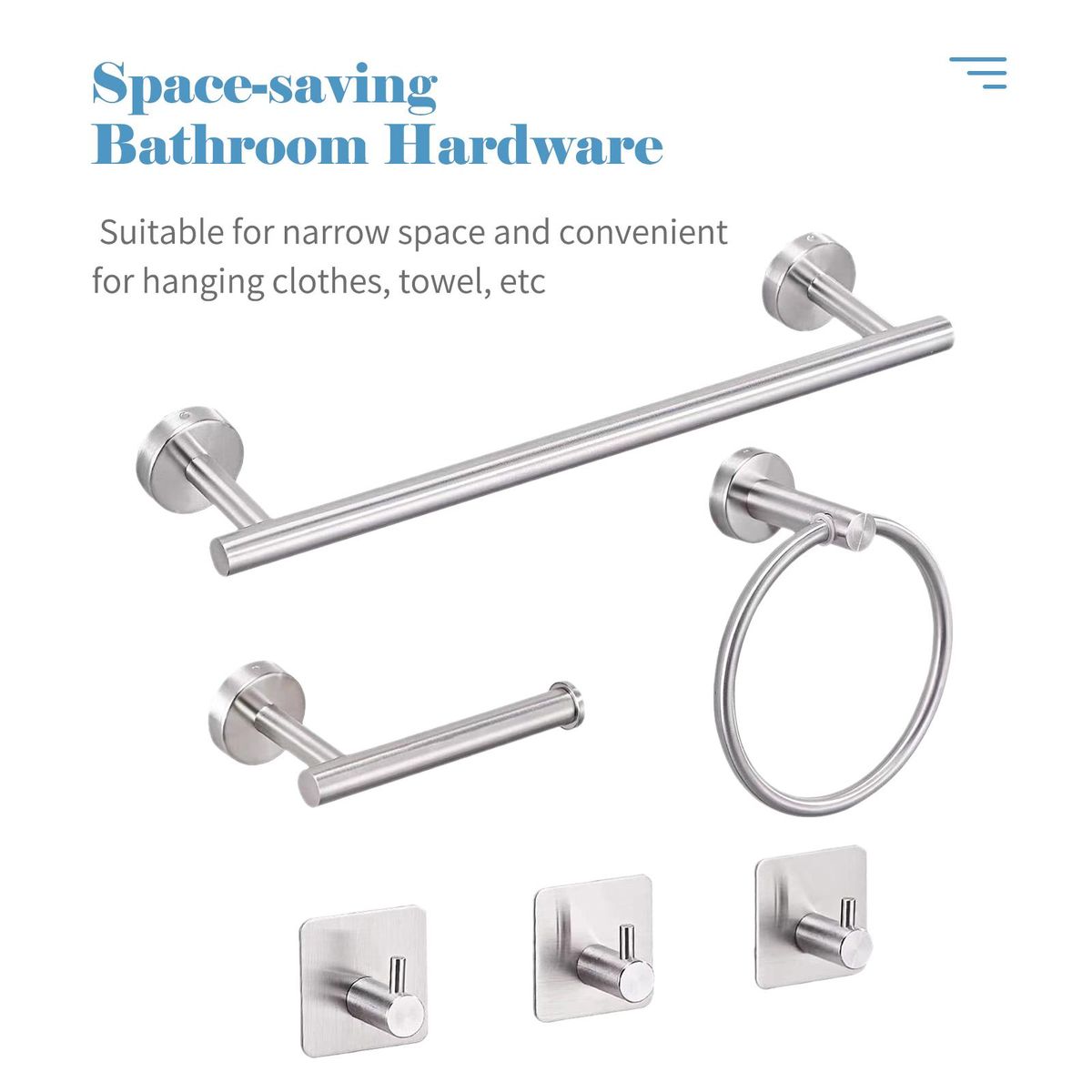 6PCS Bathroom Hardware Set Towel Bar Towel Ring Toilet Paper Holder 3 Hooks Stainless Steel Wall Mounted Drilling Towel Holder Toilet Paper Rack Hanging Hooks