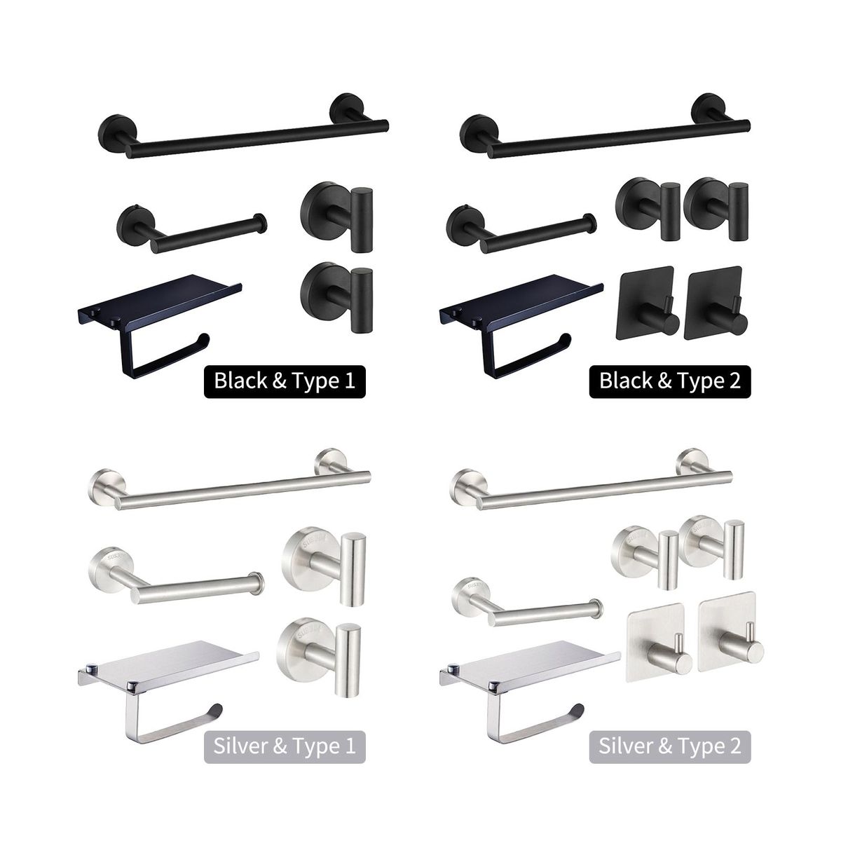 7PCS Bathroom Hardware Set Towel Bar Toilet Paper Holder 4 Hooks Stainless Steel Wall Mounted Drilling Towel Holder Toilet Paper Rack Hanging Hooks