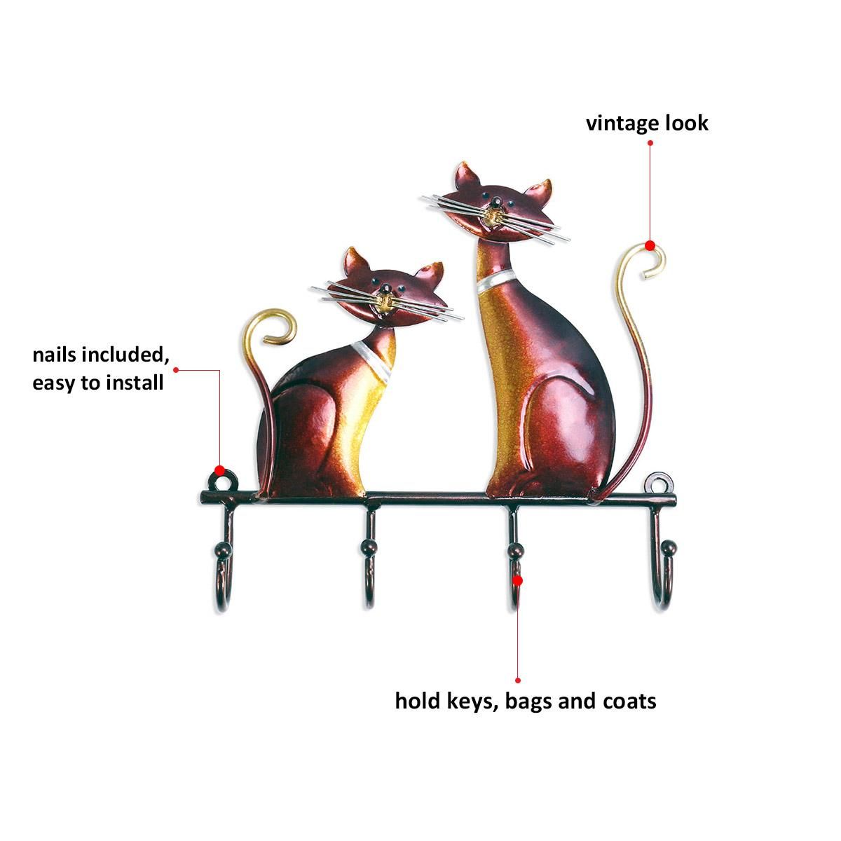 Tooarts Iron Cat Wall Hanger Hook Decor 4 Hooks for Coats Bags Wall Mount Clothes Holder Decorative Gift