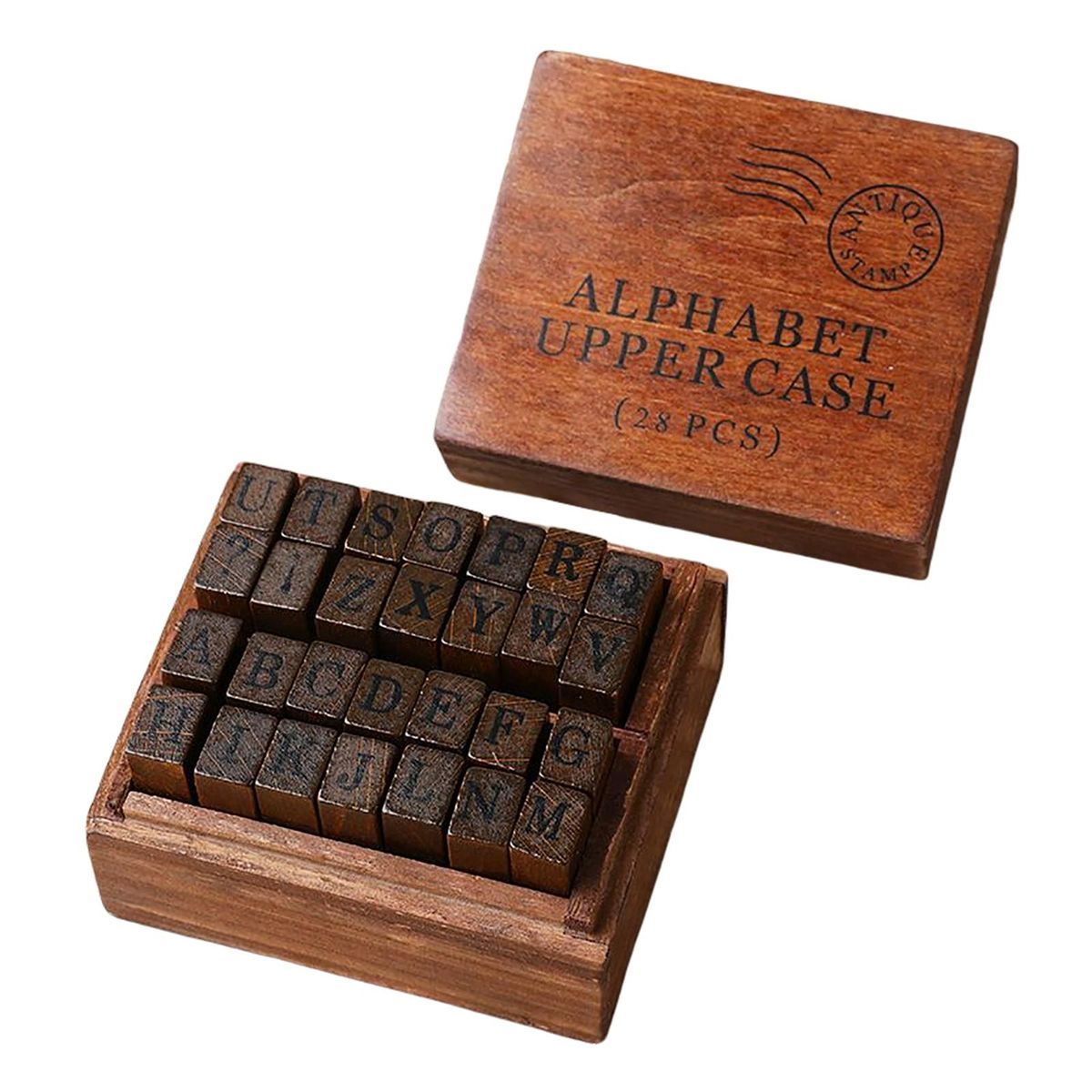 28 Pieces Wood Rubber Stamps Set With Box Case Seal Card Uppercase