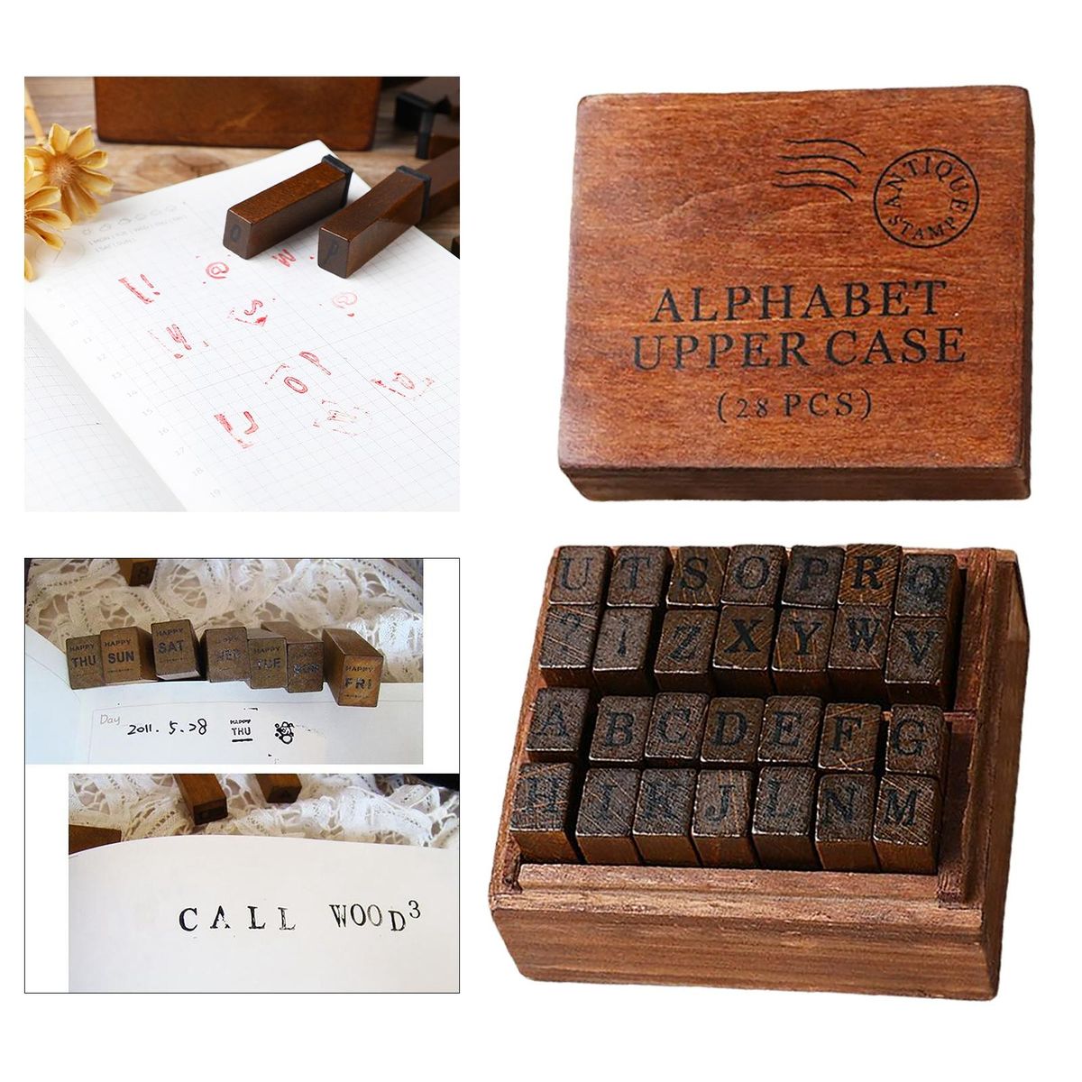 28 Pieces Wood Rubber Stamps Set With Box Case Seal Card Uppercase