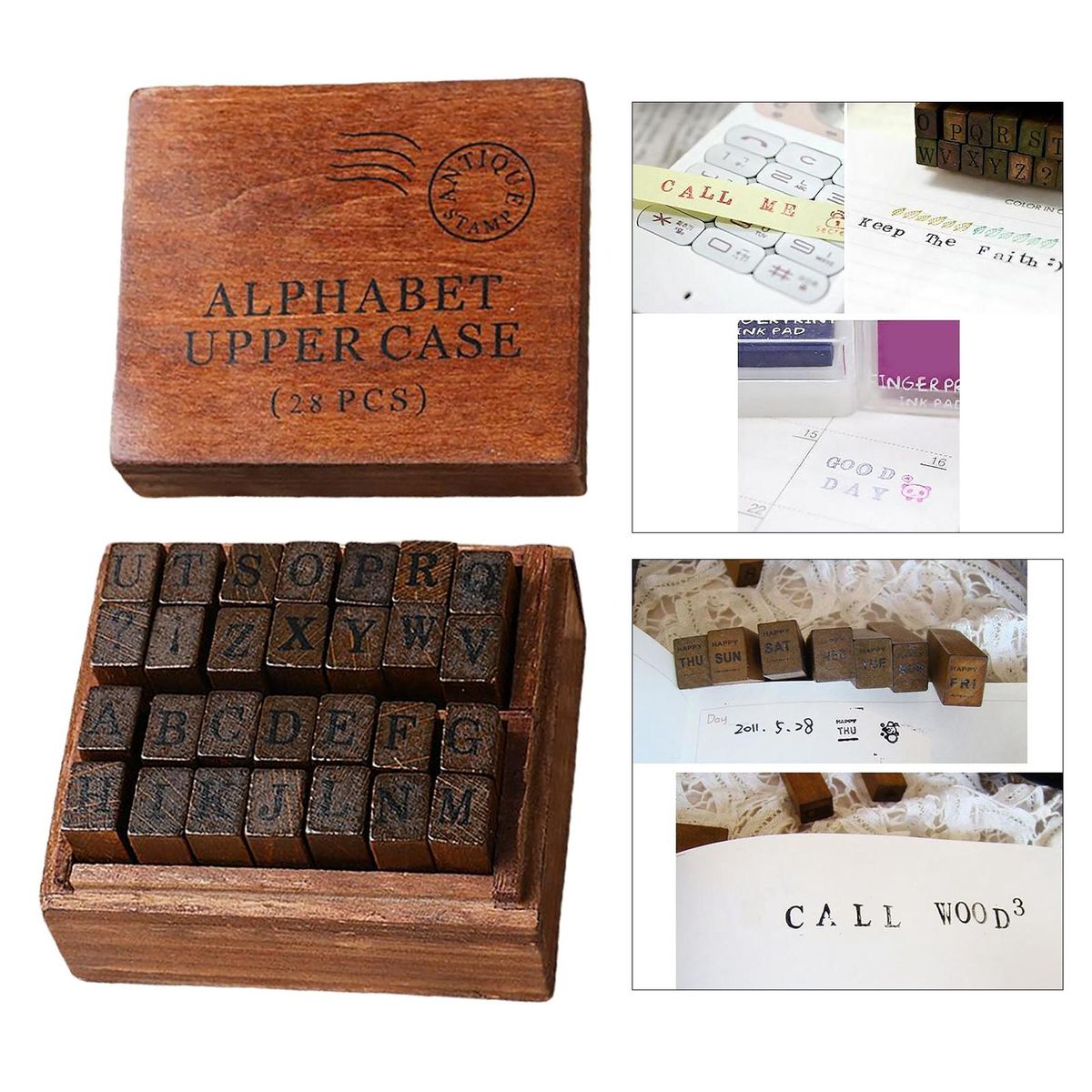 28 Pieces Wood Rubber Stamps Set With Box Case Seal Card Uppercase