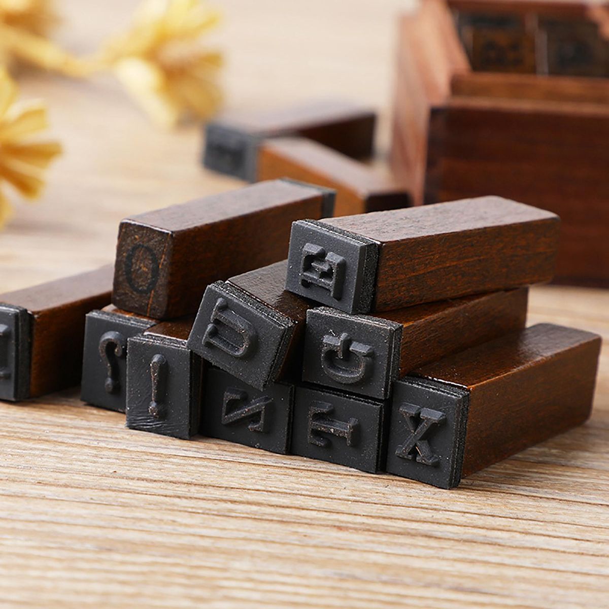 28 Pieces Wood Rubber Stamps Set With Box Case Seal Card Uppercase