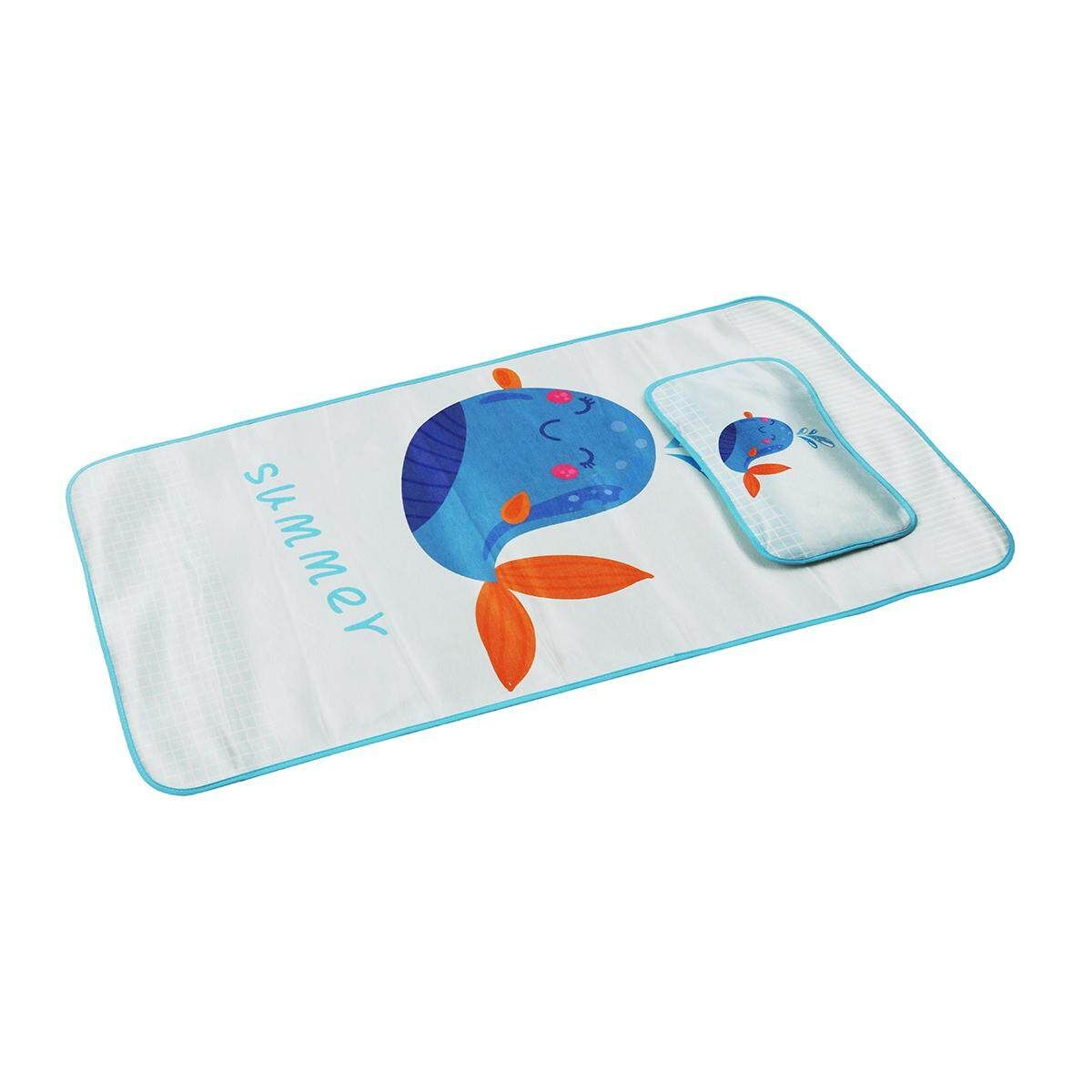 4 Styles Baby Summer Foldable Cool Sleeping Ice Silk Bed Mat With Pillow Set 120*60cm Blue Dolphin