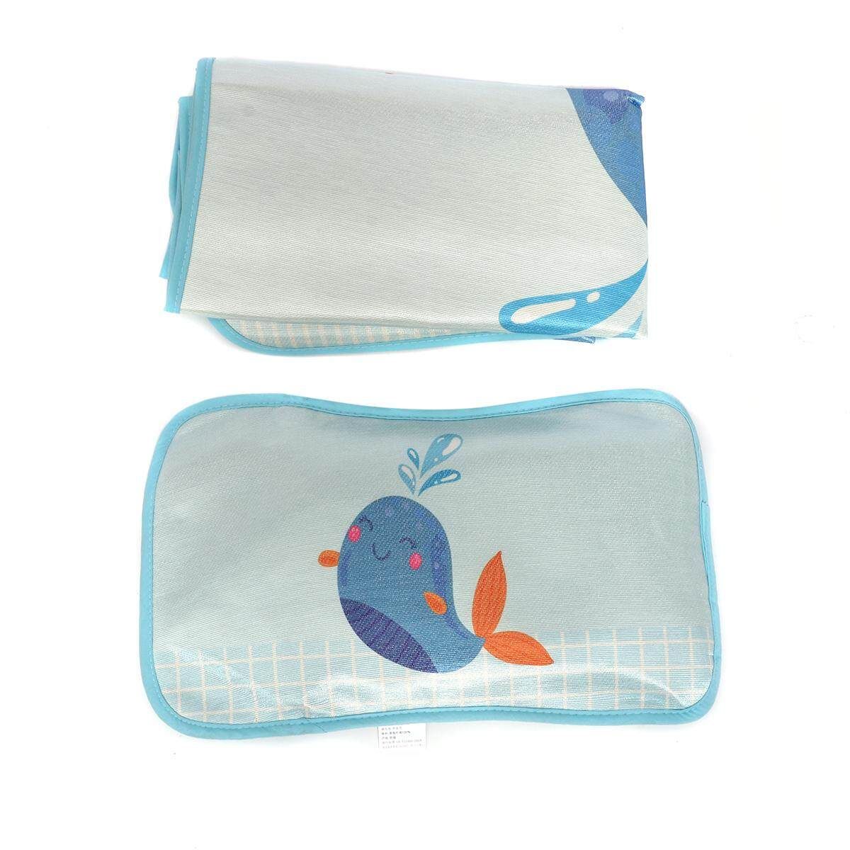 4 Styles Baby Summer Foldable Cool Sleeping Ice Silk Bed Mat With Pillow Set 120*60cm Blue Dolphin
