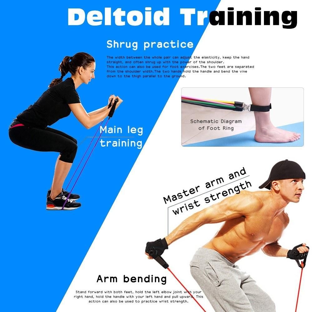 11pcs/Set Pull Rope Fitness Exercises Resistance Bands TPE Tubes Pedal Isolation Belt Set Tension Band Muscle Training for Home Gym