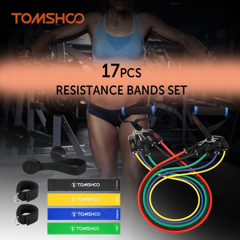 TOMSHOO 17Pcs Resistance Bands Set Workout Fintess Exercise Rehab Bands Loop Bands Tube Bands Door Anchor Ankle Straps Cushioned Handles with Carry Bags for Home Gym Travel