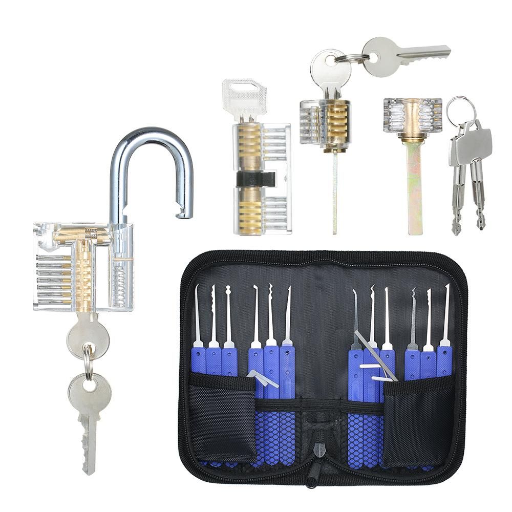 17 PCS Lock Picking Set with Storage Bag + 4 PCS Visible Practice Lock Set Transparent Padlock Training Locksmith Tools Lockpicking Set for Beginners Professionals Kids