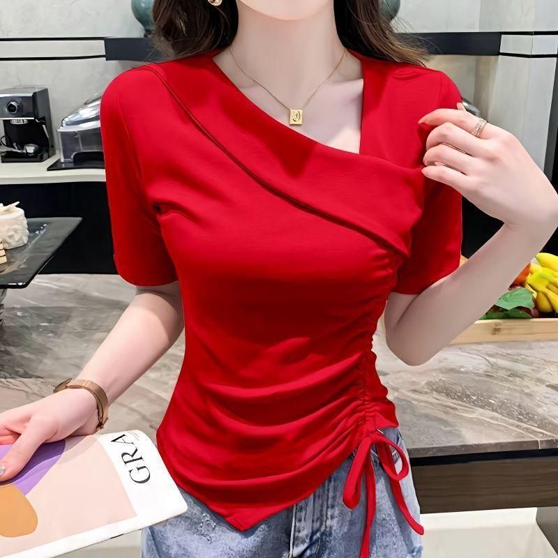 Pure Desire V-neck Short-Sleeved T-shirt for Women Summer New Irregular Drawstring Design Sense Slim-Fit Crop-Top Ins