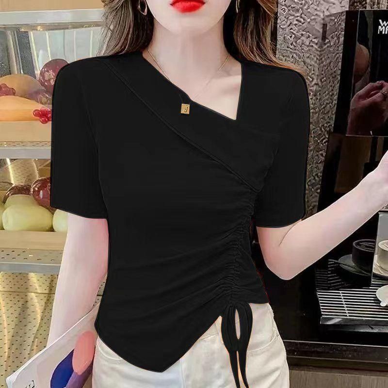 Pure Desire V-neck Short-Sleeved T-shirt for Women Summer New Irregular Drawstring Design Sense Slim-Fit Crop-Top Ins