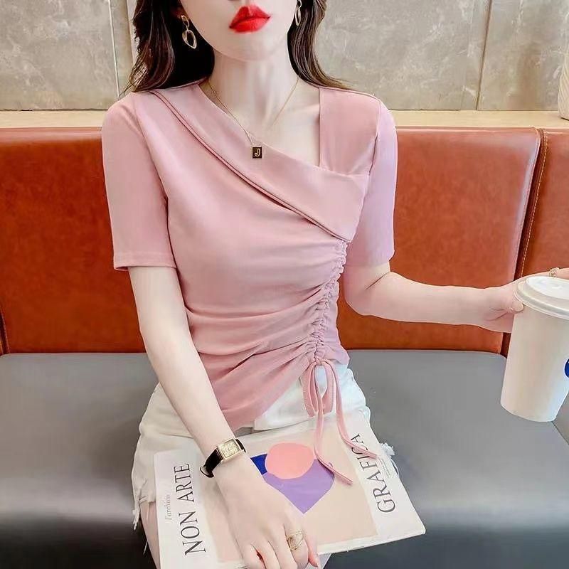 Pure Desire V-neck Short-Sleeved T-shirt for Women Summer New Irregular Drawstring Design Sense Slim-Fit Crop-Top Ins
