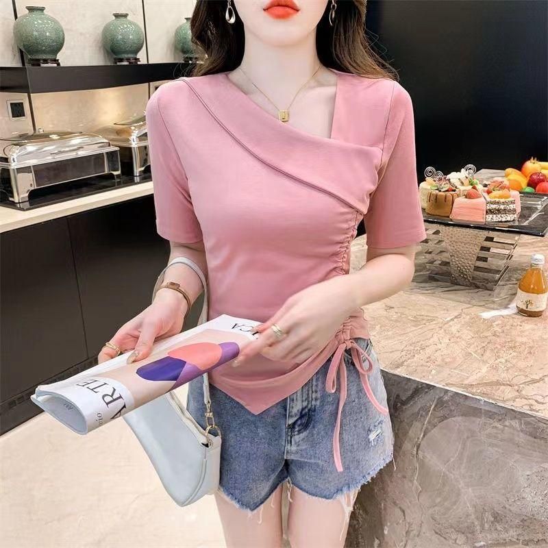 Pure Desire V-neck Short-Sleeved T-shirt for Women Summer New Irregular Drawstring Design Sense Slim-Fit Crop-Top Ins