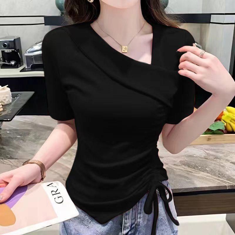 Pure Desire V-neck Short-Sleeved T-shirt for Women Summer New Irregular Drawstring Design Sense Slim-Fit Crop-Top Ins