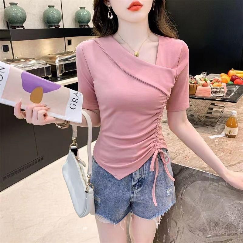 Pure Desire V-neck Short-Sleeved T-shirt for Women Summer New Irregular Drawstring Design Sense Slim-Fit Crop-Top Ins