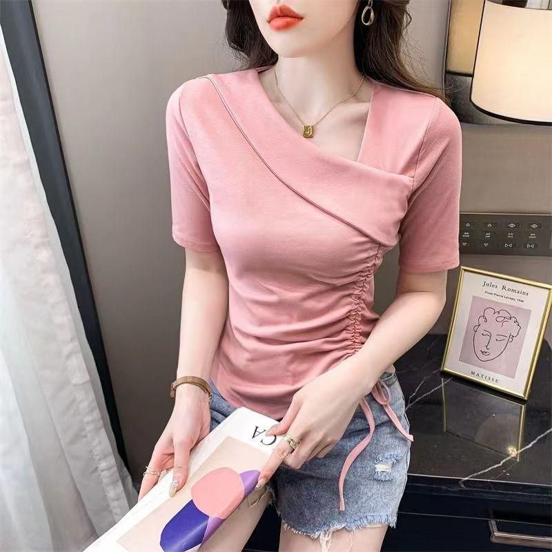Pure Desire V-neck Short-Sleeved T-shirt for Women Summer New Irregular Drawstring Design Sense Slim-Fit Crop-Top Ins
