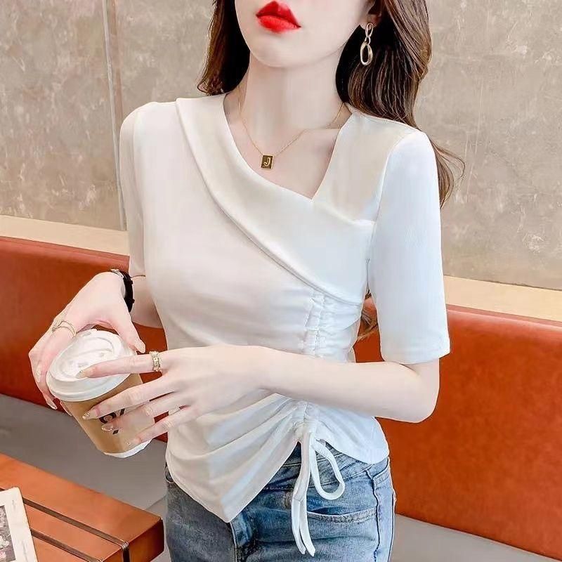 Pure Desire V-neck Short-Sleeved T-shirt for Women Summer New Irregular Drawstring Design Sense Slim-Fit Crop-Top Ins