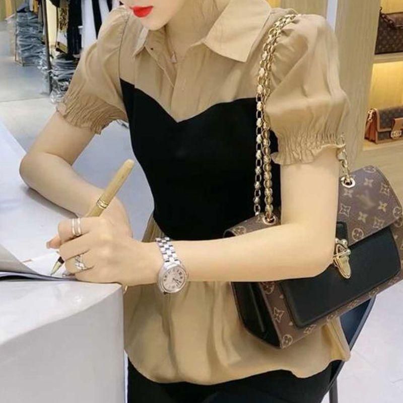 Fake Two-Piece Chiffon Shirt for Women 2023 Spring and Autumn Korean Style Stitching Polo Collar Slimming White Shirt Top