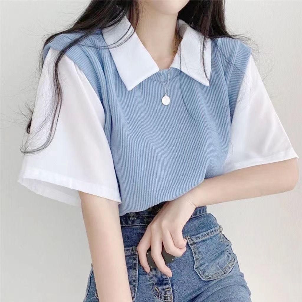 Polo Collar Fake Two-Piece College Style Simple Color Matching Short Sleeve Lapel T-shirt Women's Loose Slimming Casual All-Matching Tops