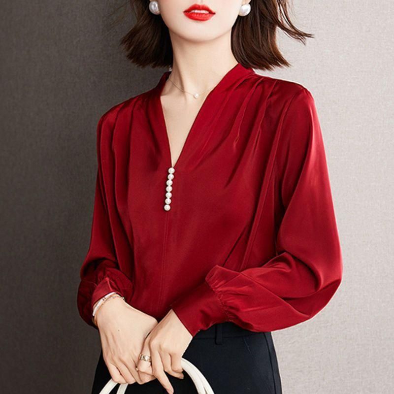 High-Grade Shirt for Women Pearl Buckle French Style Long Sleeve 2023 Spring and Autumn All-Match V-neck Satin Chiffon Drape Top for Women