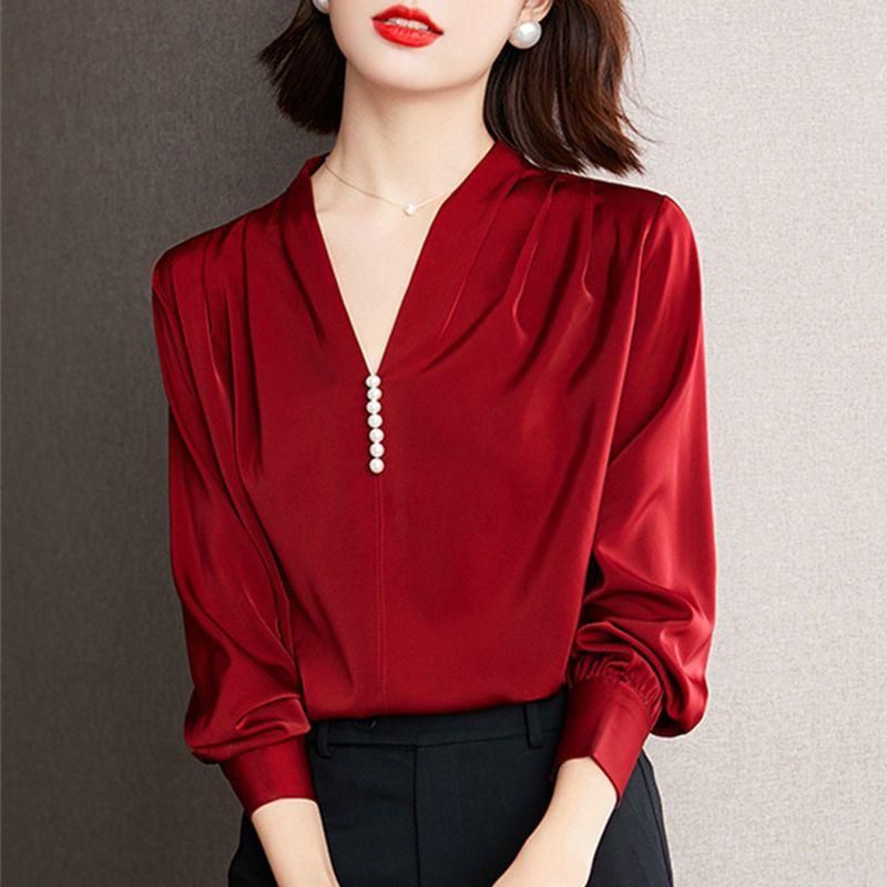 High-Grade Shirt for Women Pearl Buckle French Style Long Sleeve 2023 Spring and Autumn All-Match V-neck Satin Chiffon Drape Top for Women