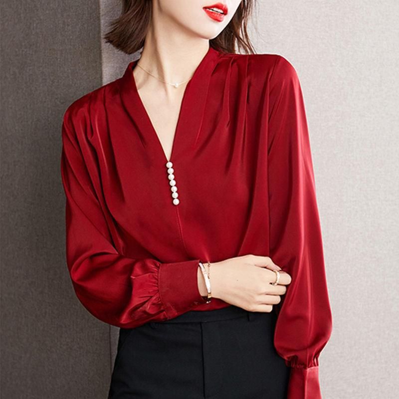 High-Grade Shirt for Women Pearl Buckle French Style Long Sleeve 2023 Spring and Autumn All-Match V-neck Satin Chiffon Drape Top for Women