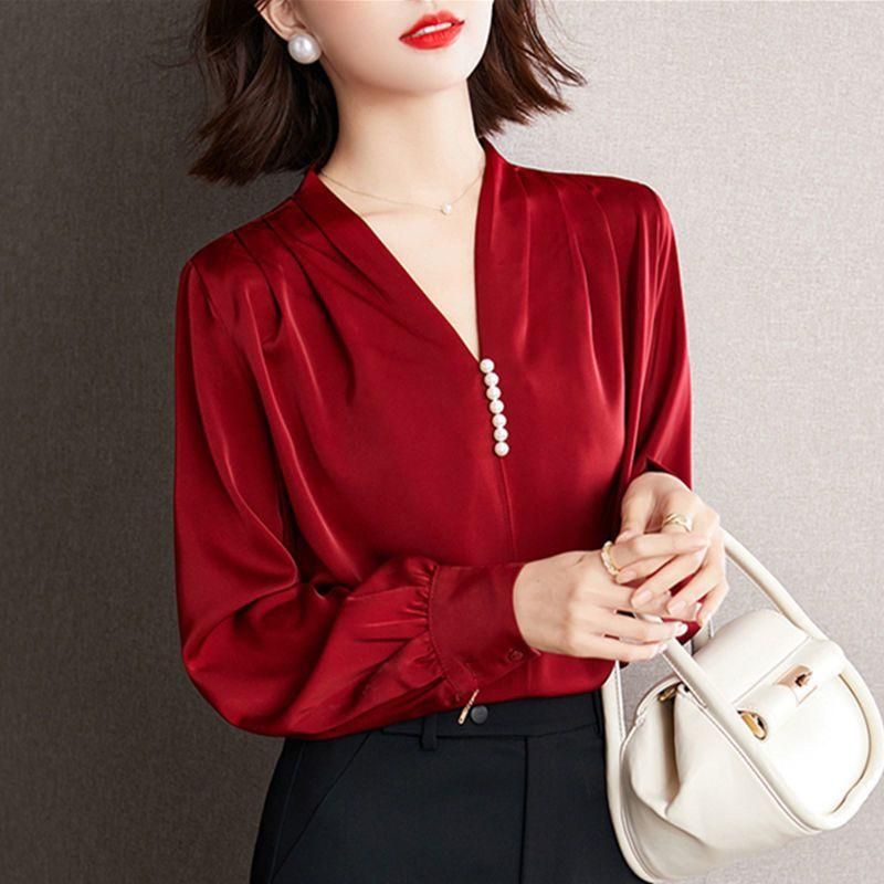 High-Grade Shirt for Women Pearl Buckle French Style Long Sleeve 2023 Spring and Autumn All-Match V-neck Satin Chiffon Drape Top for Women