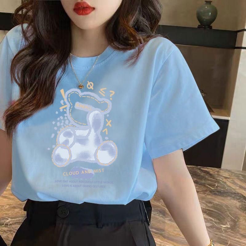 138 Korean Style Short-Sleeved T-shirt Women's, Blue Bottoming Top round Neck Loose Casual New Bear Printed Summer T-shirt